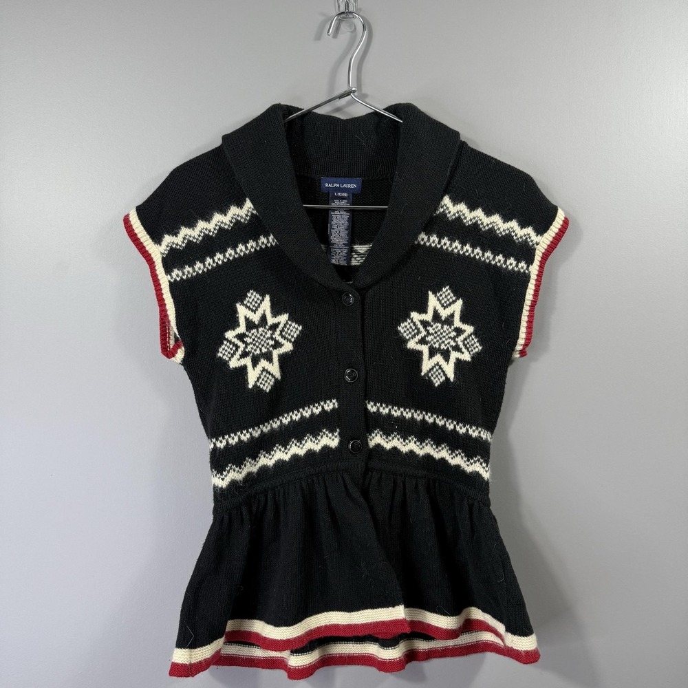 Ralph Lauren Sweater Dress Girls 12-14 Black Fair Isle Snowflake Cardigan Knit
